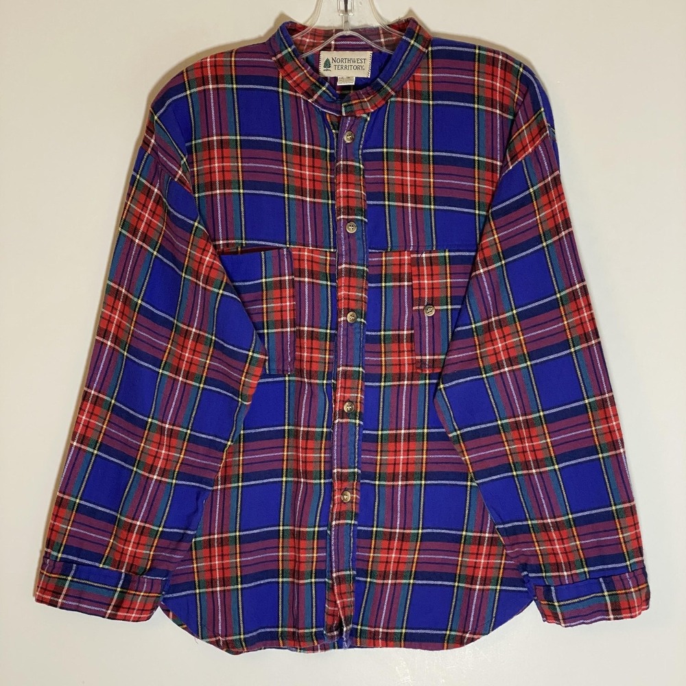 VTG Northwest Territory Shirt Mens Medium Blue Red Plaid Flannel Slant Pocket